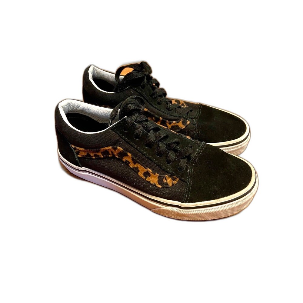 Vans Old Skool Kids Sneakers Black Leopard Print Faux Fur Stripe Size 2.5